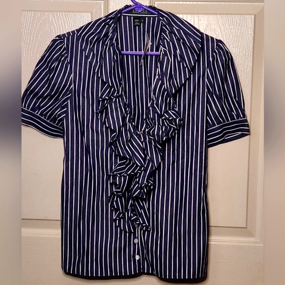 Lauren Ralph Lauren Tops - Lauren Ralph Lauren Women's white/blue stripe short sleeve ruffled front blouse